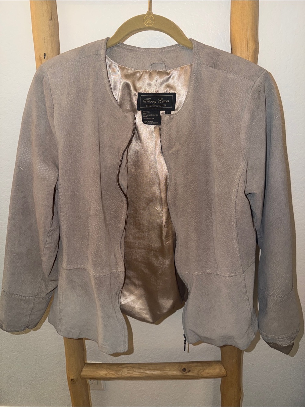 Terry Lewis Classic Luxuries Light Taupe Suede Open Front Jacket